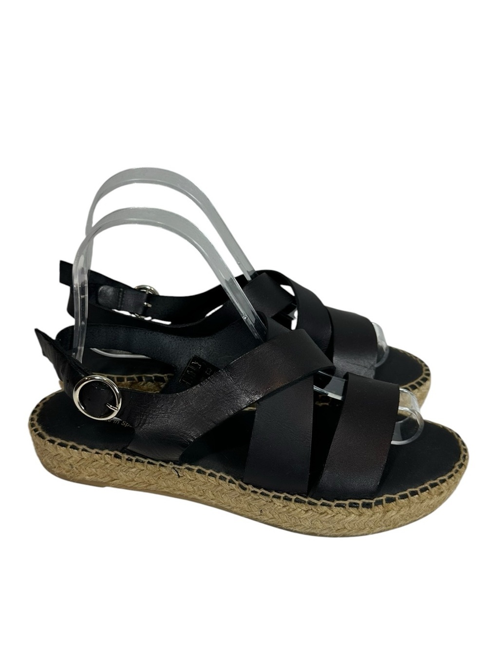 PAEART Women's 39 Black Leather Strap Espadrilles